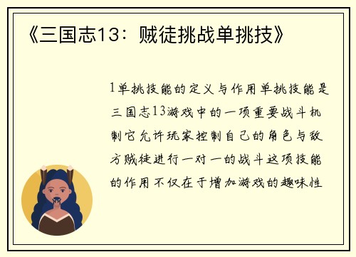 《三国志13：贼徒挑战单挑技》
