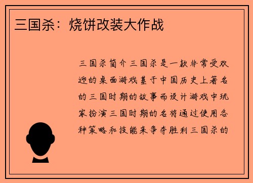 三国杀：烧饼改装大作战