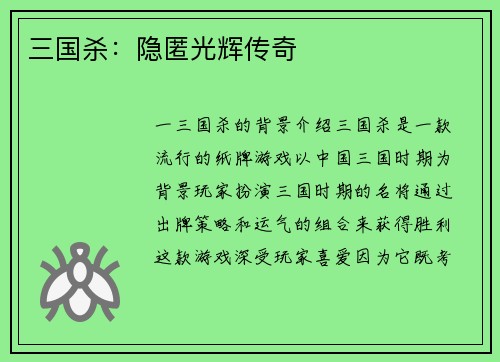 三国杀：隐匿光辉传奇